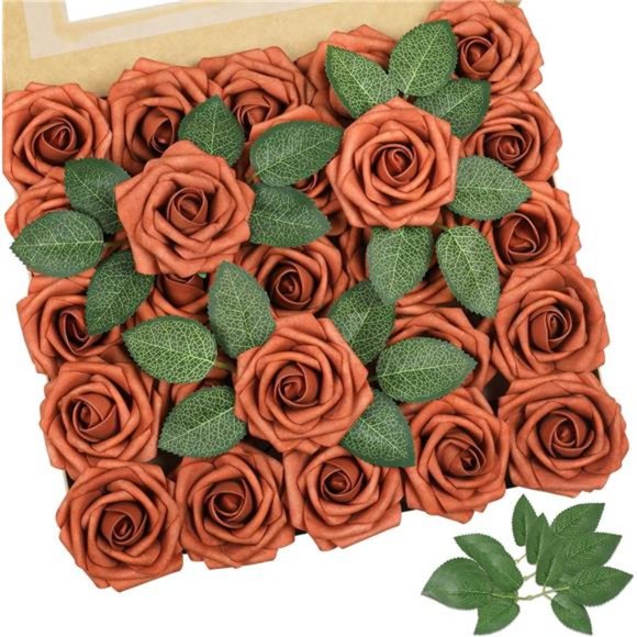 Artificial Flowers Burnt Orange Rose 25pcs Real Looking Fake Roses w/Stem - Picture 1 of 6